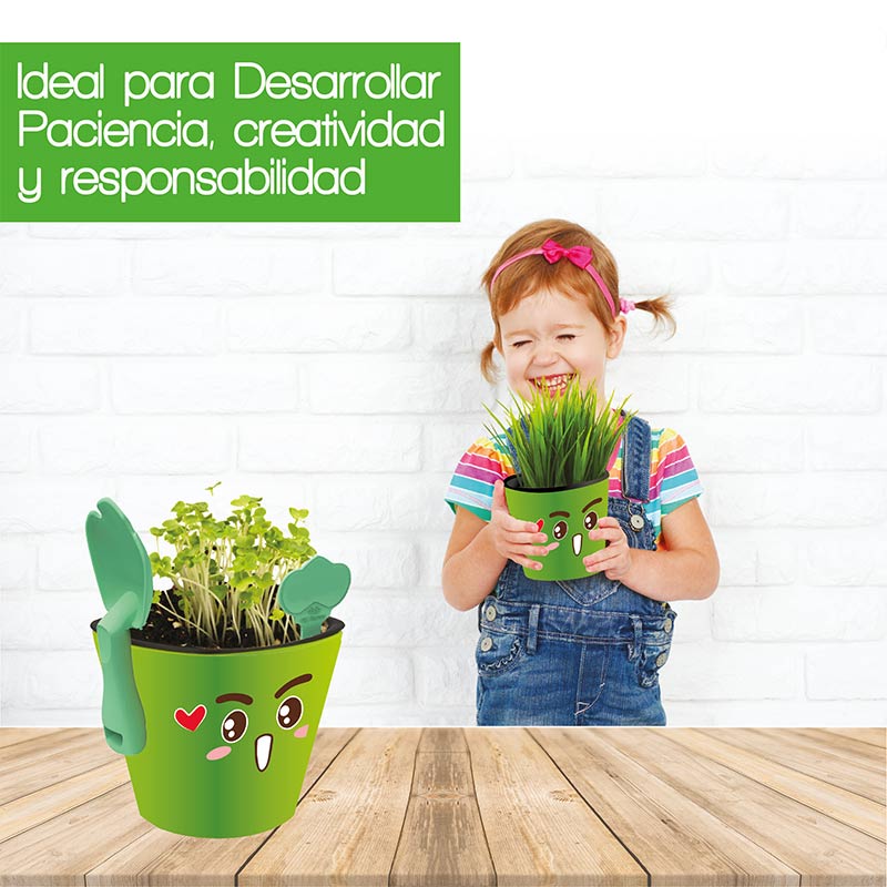 Kit educativo juguete didáctico para niños Aprendizaje de vocabulario inglés español, Germinación de plantas comestibles Maceta autorregable Kid planter SMART GARDEN Verde No incluye semillas.