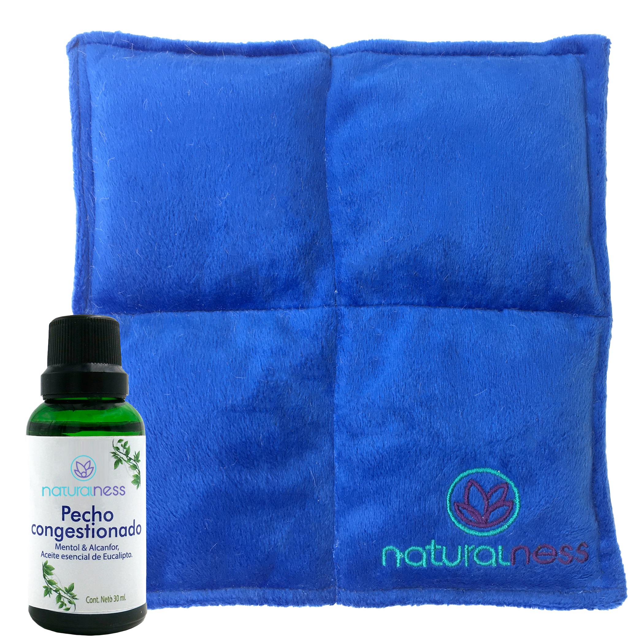 Naturalness Cojín compresa caliente para pecho congestionado. Elaborada con Semillas y Plantas medicinales como menta, gordolobo eucalipto y sauco  entre otras. (Paquete compresa y aceite para pecho congestionado)