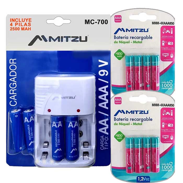 Cargador Pilas Mitzu con baterías recargables 4 AA + 4 AAA
