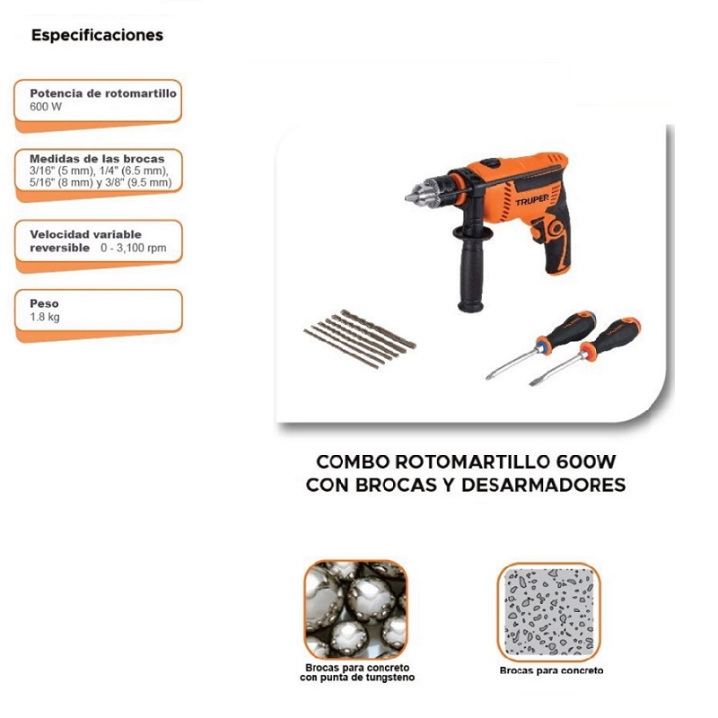  Rotomartillo 600W con 6 brocas para Concreto -desarmadores Combo Truper COMBOR-1/2A7