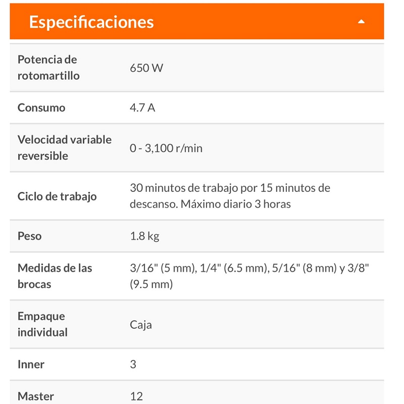  Rotomartillo 600W con 6 brocas para Concreto -desarmadores Combo Truper COMBOR-1/2A7