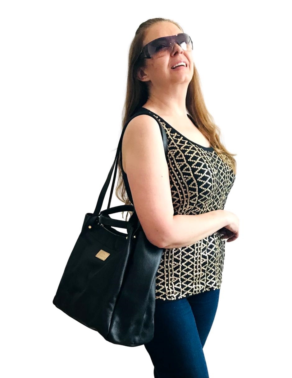 Bolso tote bolsa 100% piel genuina negra kit con bolso de mano, cartera y cosmetiquera MF686