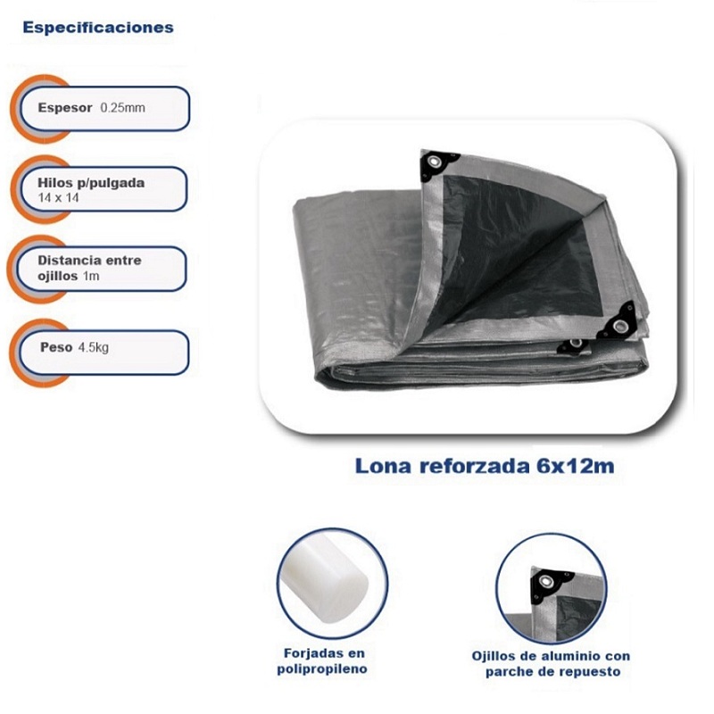 Lona Gris Reforzada de 6x12 metros Truper Lona- Carpa Impermeable Multi usos Lluvia-Calor Protección fiesta Reunión