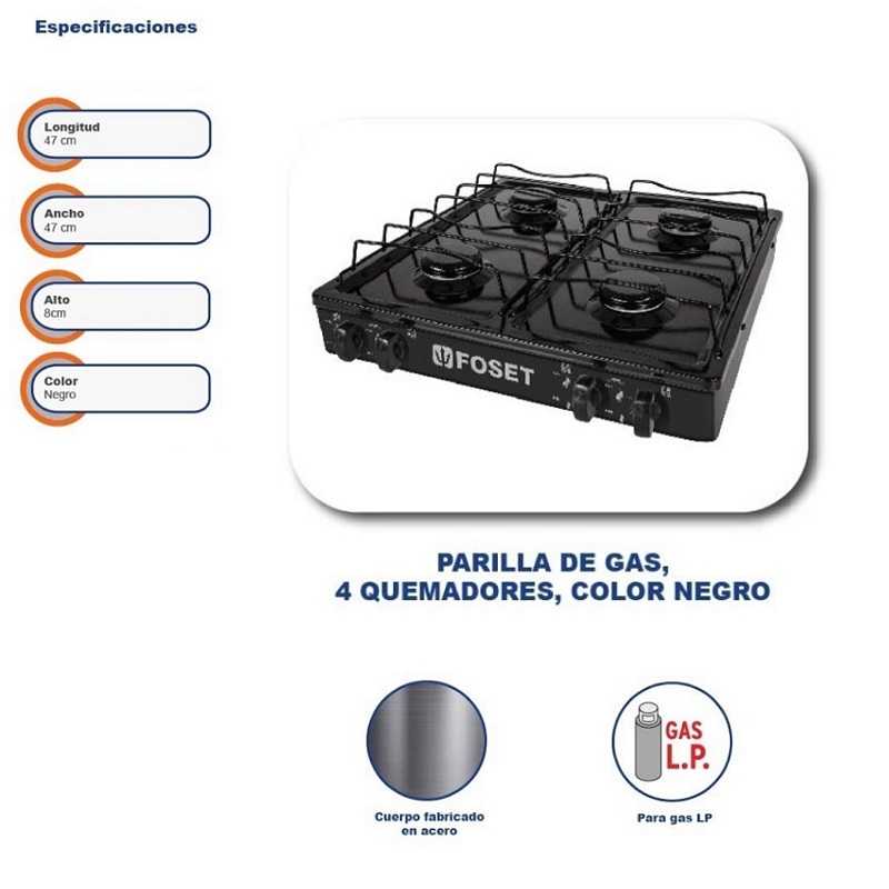 Parrilla a gas de Gas 4 Quemadores Foset color  negra PAGA-4