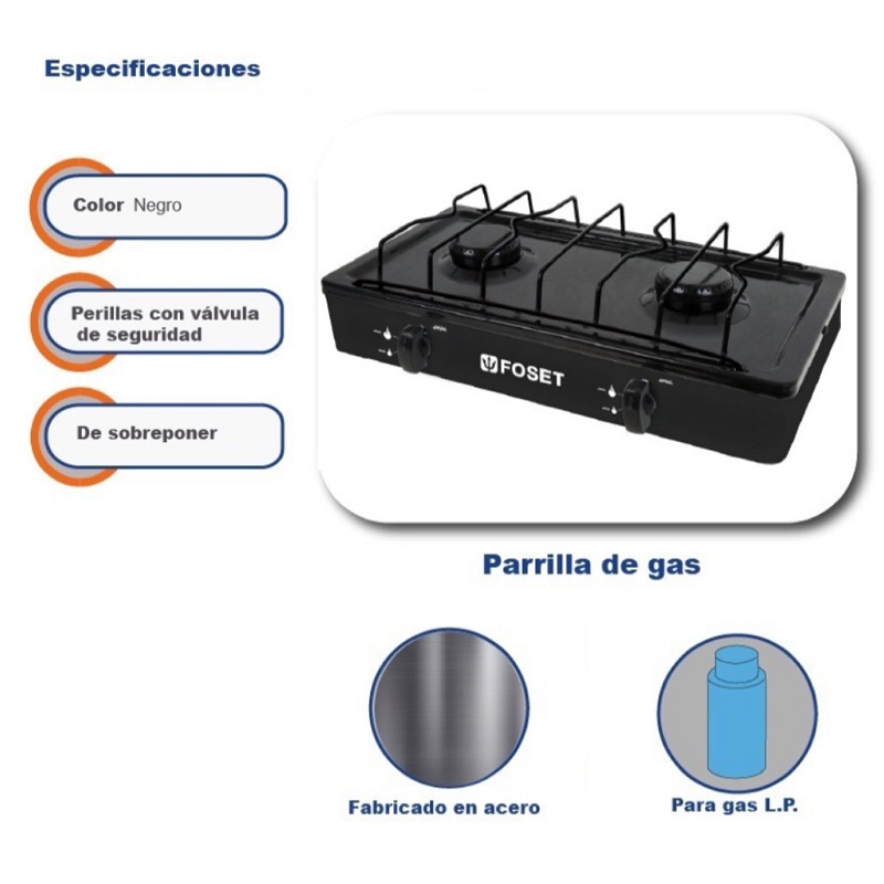 Parrilla De Gas, 2 Quemadores, Estufilla estufa de sobreponer para gas LP Color Negro, Foset PAGA-2N