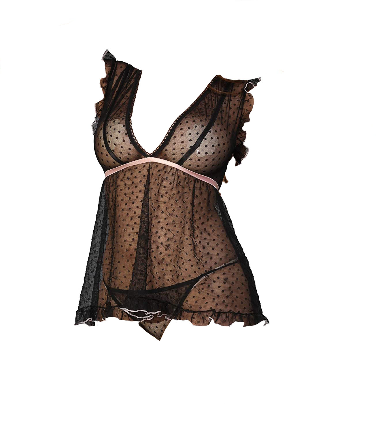 Baby Doll Mujer Sexy Color Negro con Detalles en Rosa Fina Lenceria para Dama Sensual y Elegante 954