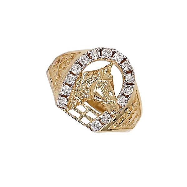 Anillo UNISEX con Diseño de Herradura con Caballo elaborado de Oro macizo de 14 K  con Circonias en el centro de excelente calidad + Obsequio