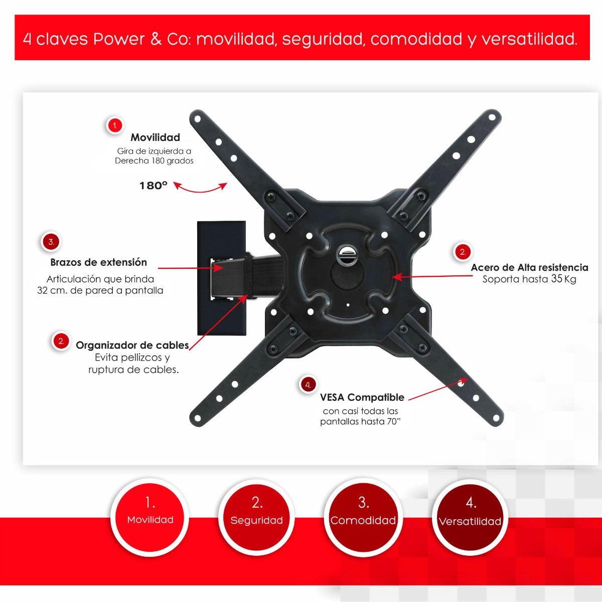 Paquete soporte pantalla pared 1 brazo con movilidad para pantallas de 10" a 70" + antena HDTV ultradelgada Power & Co. MP1070+X150