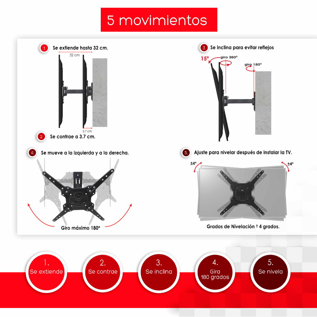 Paquete soporte pantalla pared 1 brazo con movilidad para pantallas de 10" a 70" + antena HDTV ultradelgada Power & Co. MP1070+X150