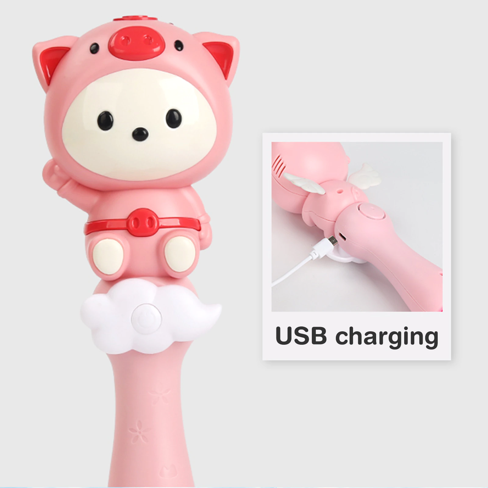 Juguete de Burbujas Con Batería Recargable Varita De Burbujas Con Luz Y Sonido Figura Cerdido Rosa 