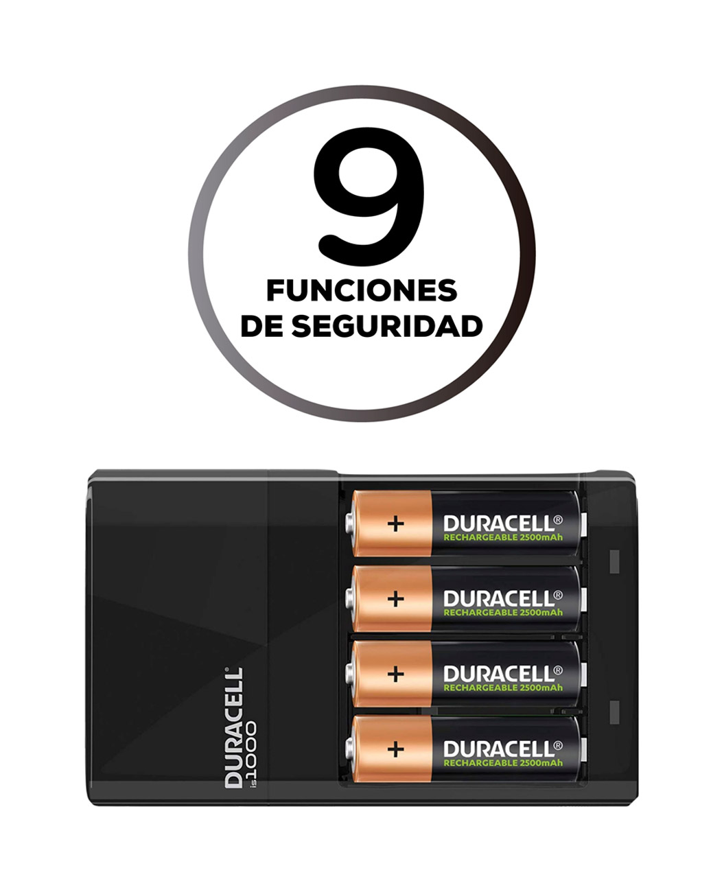 Cargador para Pilas Recargables marca Duracell con 4 pilas AA de 2500 mAh incluidas