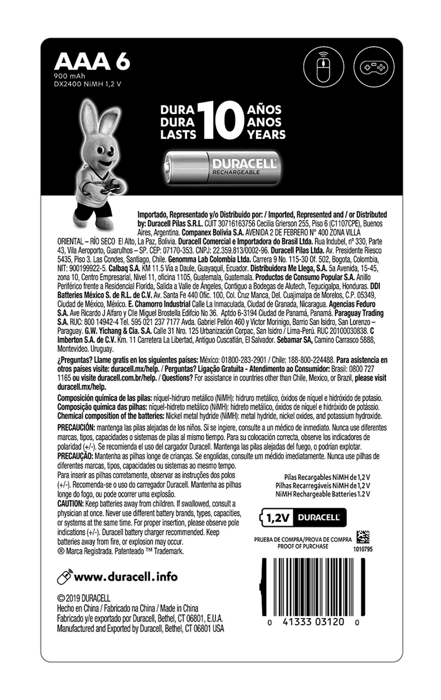 Pack 6 Pilas AAA Recargables Duracell 900mah 1.2v Triple A