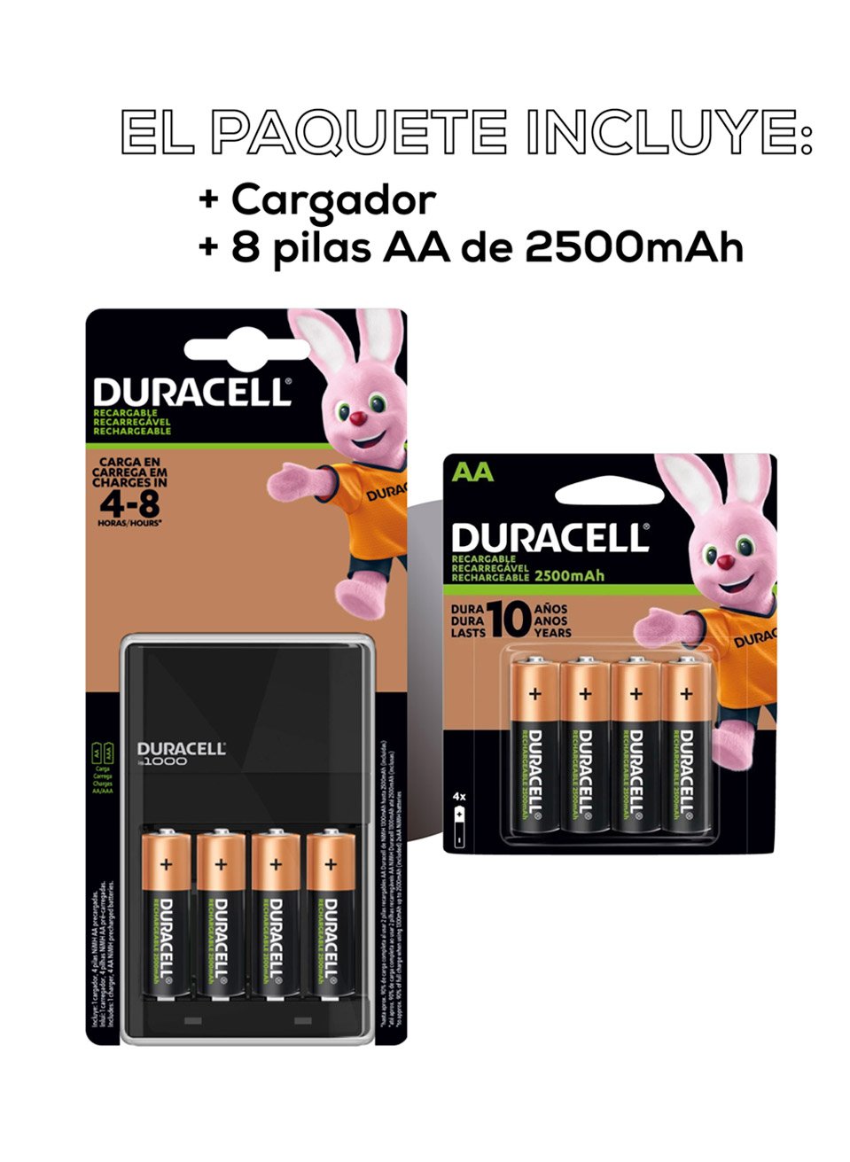 Kit Duracell con Cargador y 4 Baterías recargables AA.
