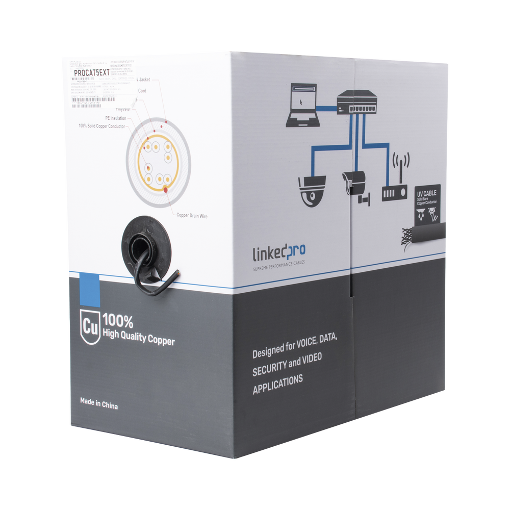 Bobina de cable de 305 m, Cat5e , FTP, blindado, color negro, UL, para aplicaciones en CCTV, redes de datos. Uso en Intemperie