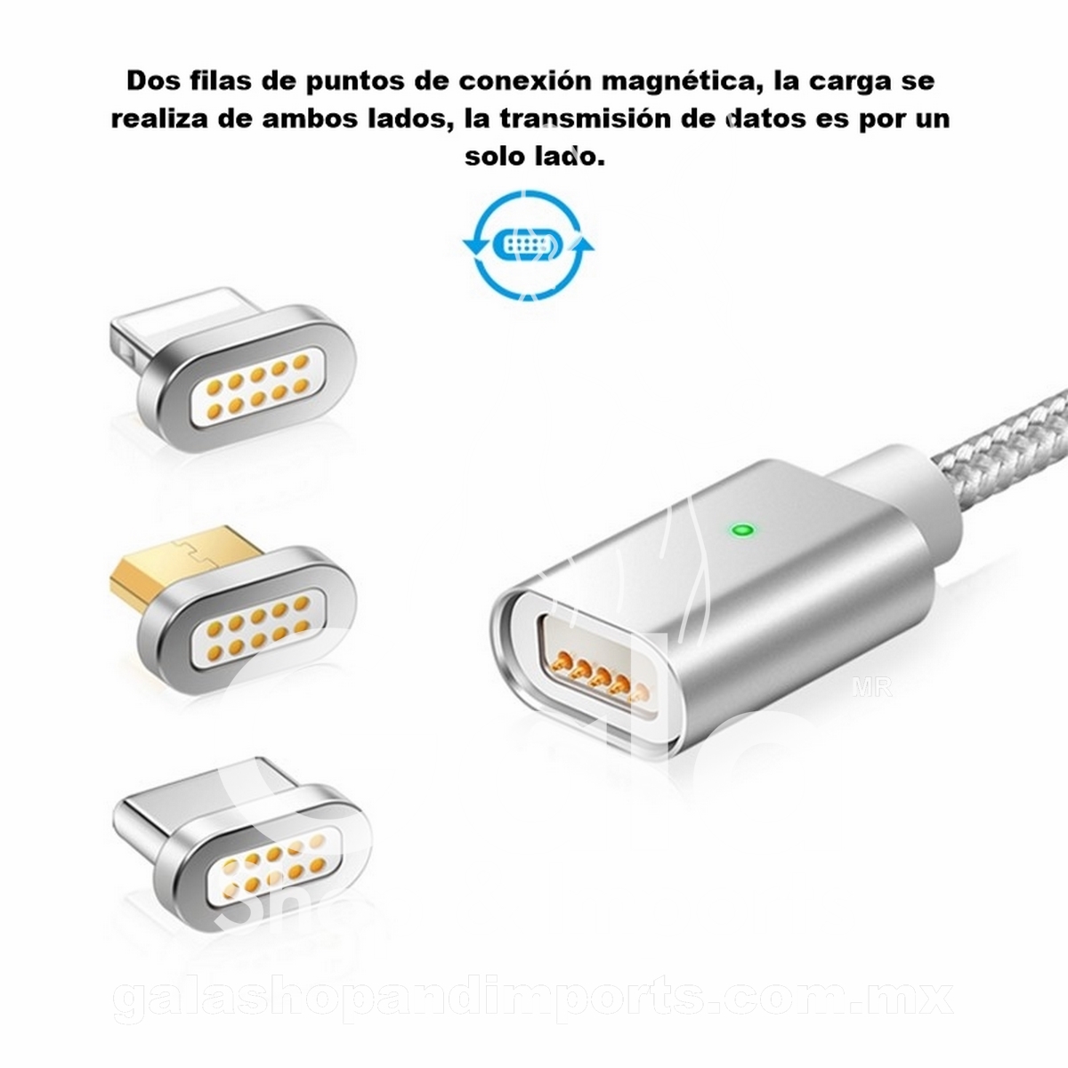 Cable Magnético USB 3 entradas en 1 cable, para carga del móvil y para Transmisión de Datos, Plateado