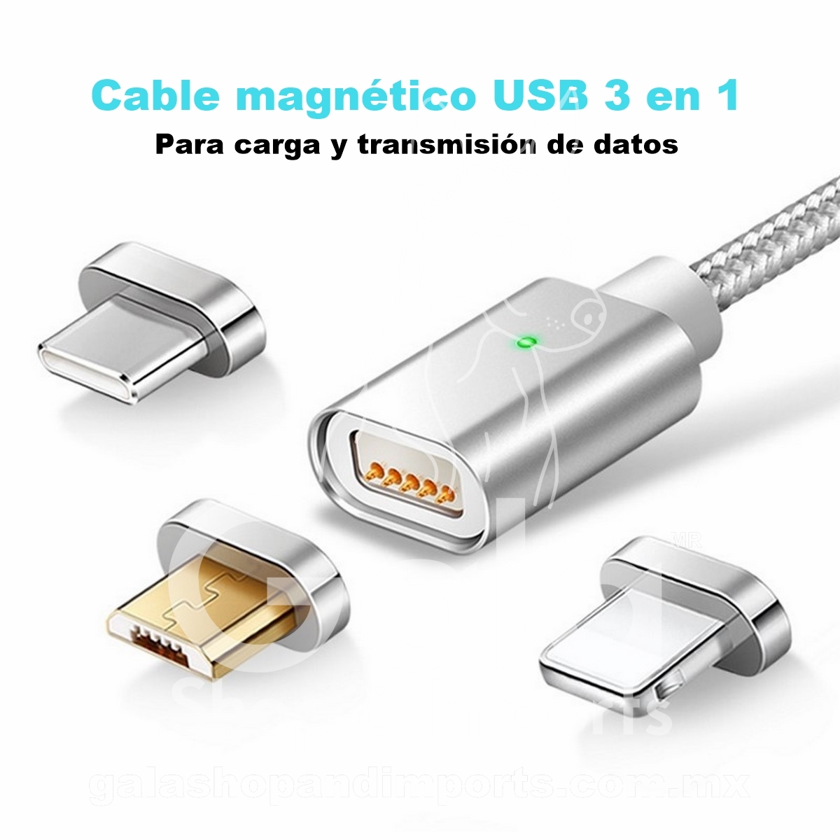 Cable Magnético USB 3 entradas en 1 cable, para carga del móvil y para Transmisión de Datos, Dorado