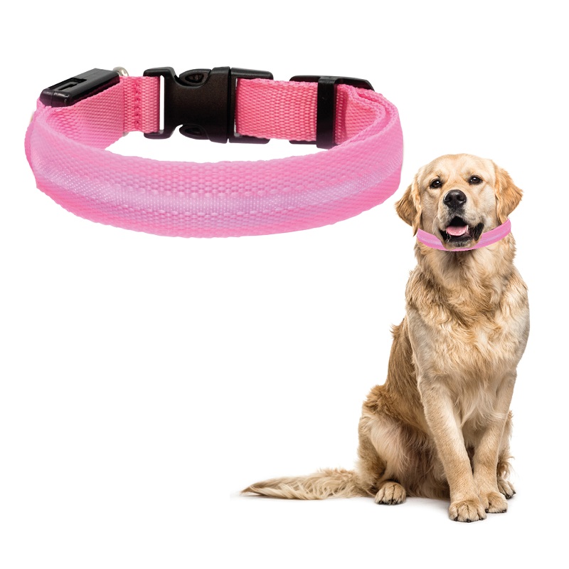 Collar Para Gato Perro Con Luz Led Ajustable Paseo Nocturno. Rosa. Talla XS