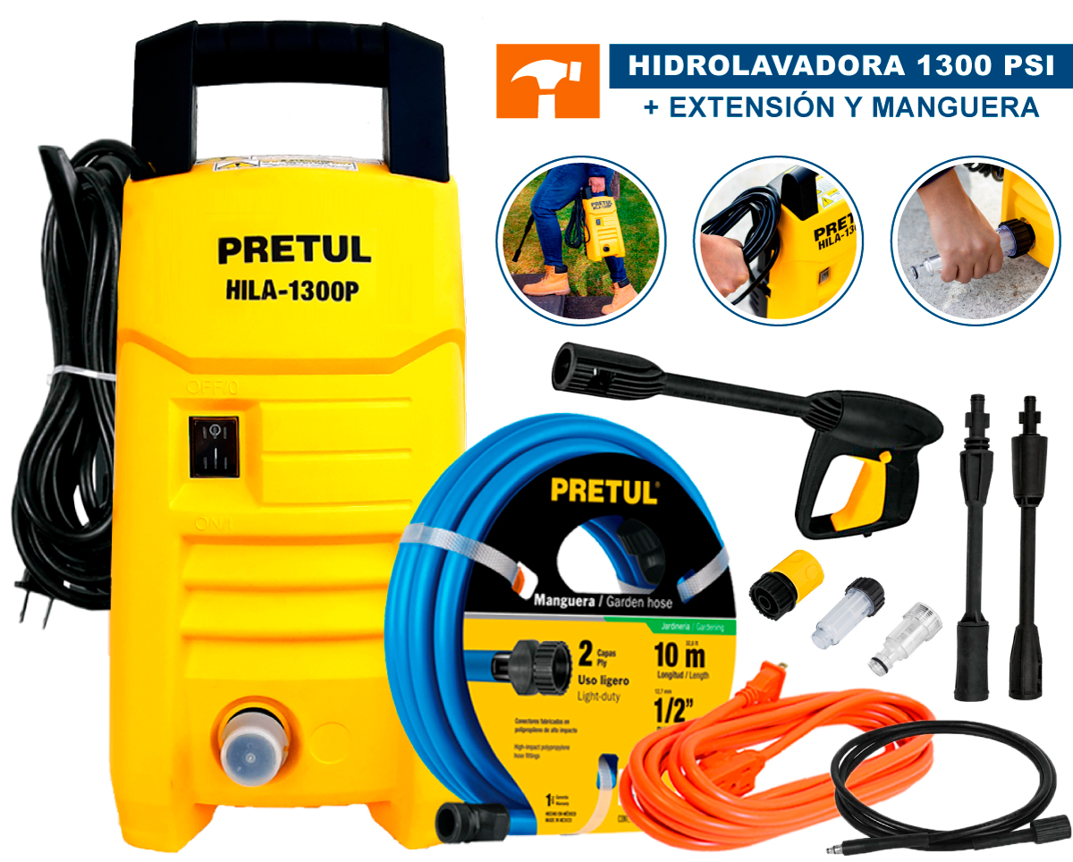 hidrolavadora turbo 1.6 hp con extensión y manguera 10 metros, pretul,  kml047