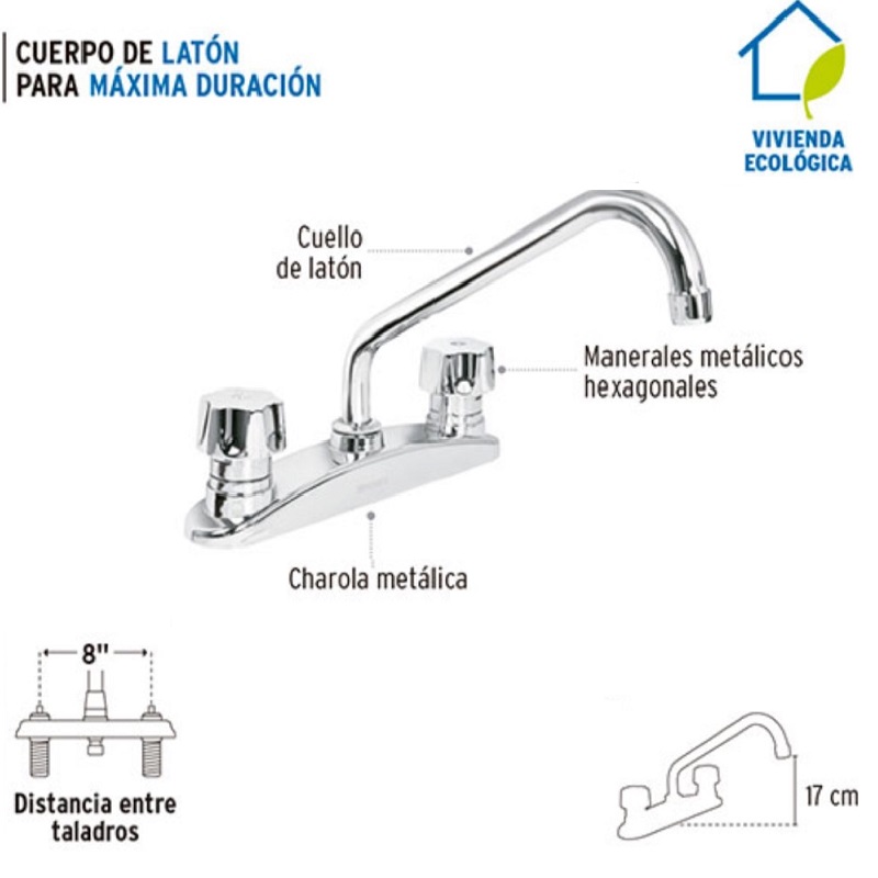 Mezcladora para Fregadero 8'Manerales Metalicos de Acero Inoxidable Standard Foset Cuello de latón AQF-86