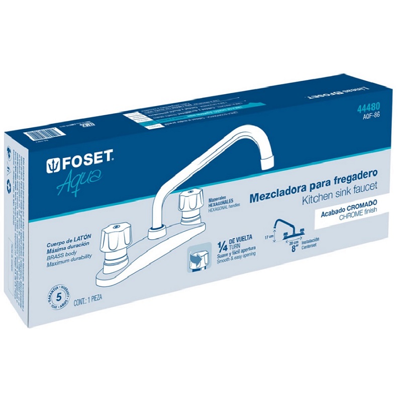 Mezcladora para Fregadero 8'Manerales Metalicos de Acero Inoxidable Standard Foset Cuello de latón AQF-86