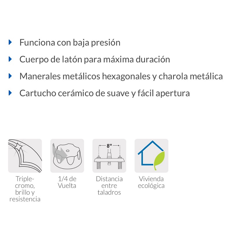 Mezcladora para Fregadero 8'Manerales Metalicos de Acero Inoxidable Standard Foset Cuello de latón AQF-86