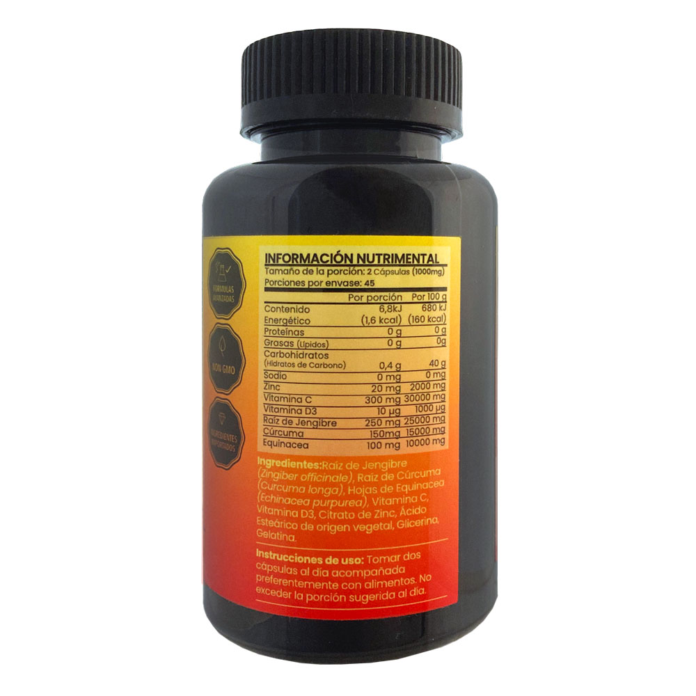 5H8 ADVANCED IMMUNE 90 Cápsulas para 45 días Vitamina C, Zinc, Echinacea, Cúrcuma, Jengibre y Vitamina D3 Formula avanzada para proteger y fortalecer el sistema inmune Suplemento Alimenticio