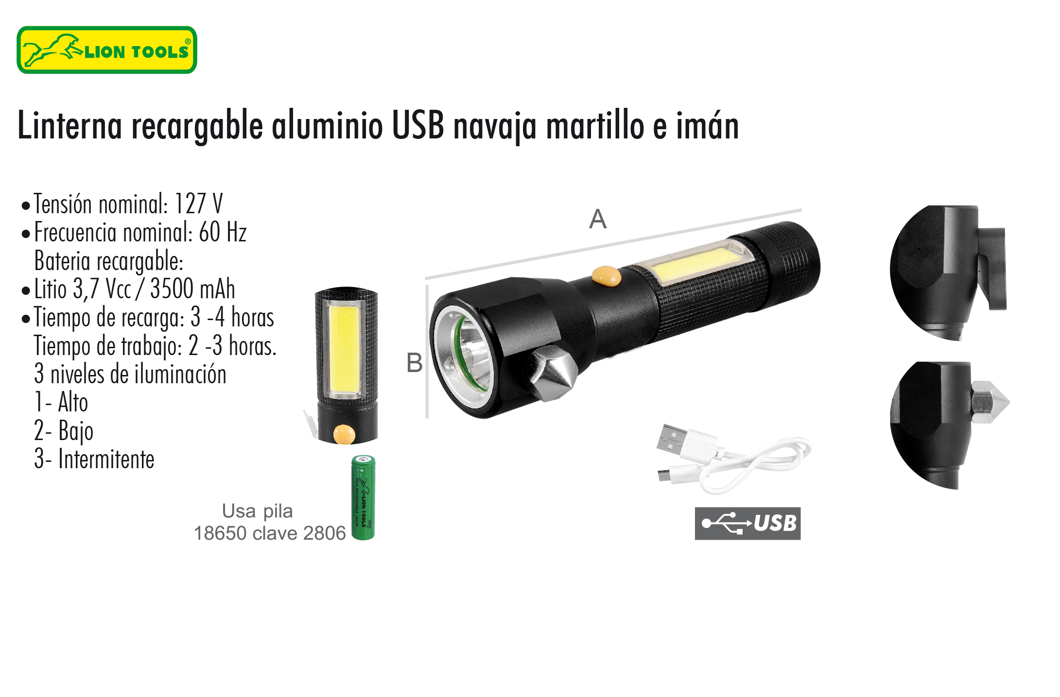 Linterna Led Recargable Usb Navaja Martillo E Imán 5 Modos