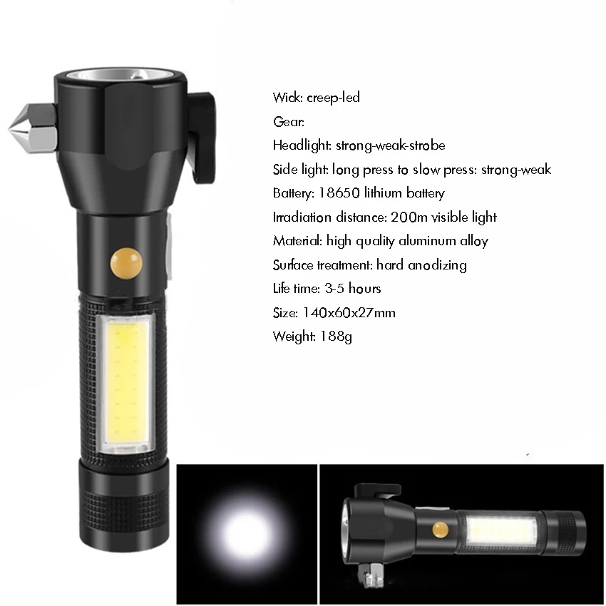 Linterna Led Recargable Usb Navaja Martillo E Imán 5 Modos