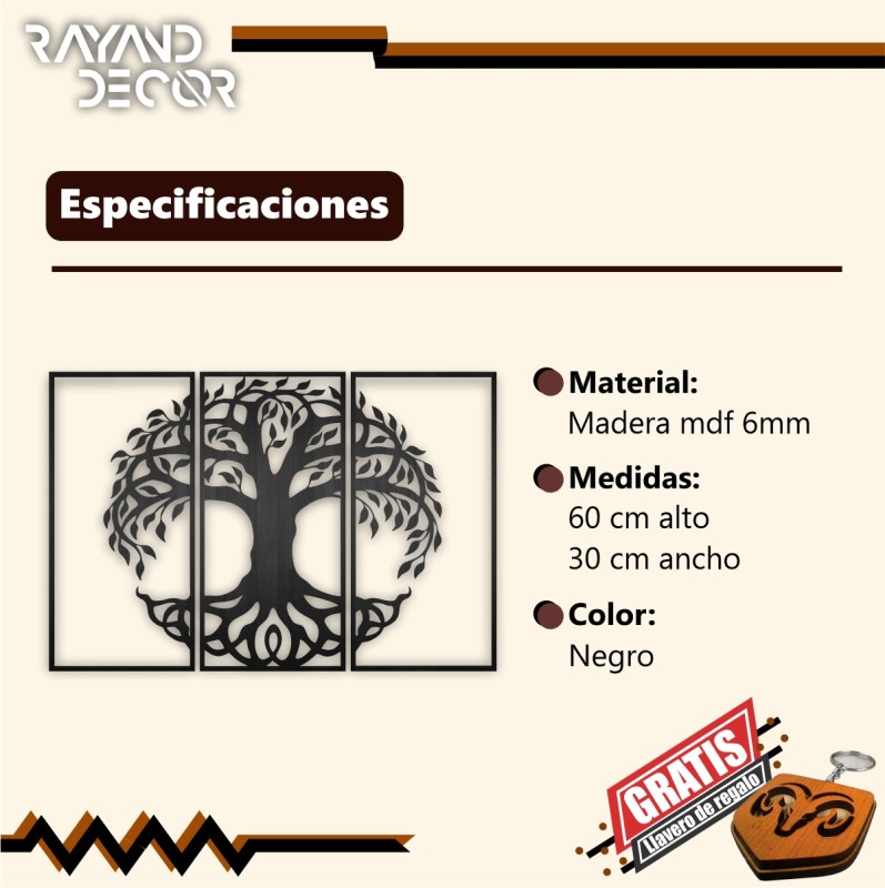 Cuadro Decorativo Árbol MADERA Mdf 6mm 3 Piezas PARED MURO DECORACION 