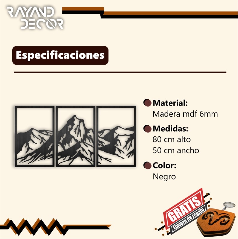 Cuadro Decorativo Montaña Madera Mdf 6mm 3 Pzas