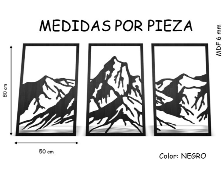 Cuadro Decorativo Montaña Madera Mdf 6mm 3 Pzas