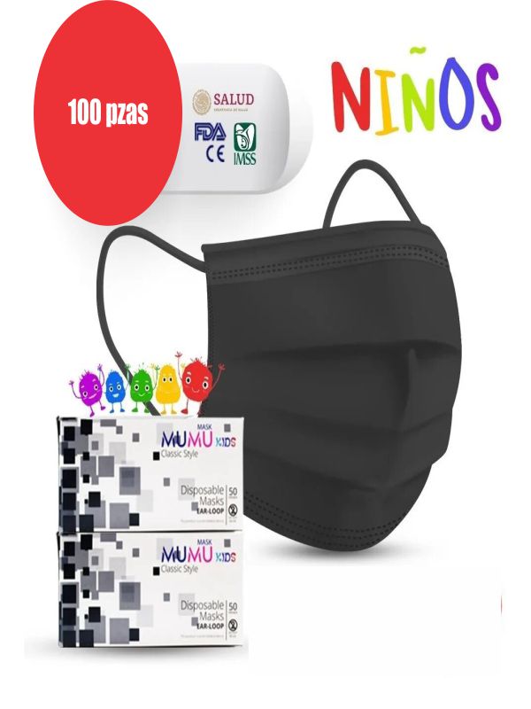 Cubrebocas para niños Color NEGRO Plisado Tricapa Termosellado 100 pzas
