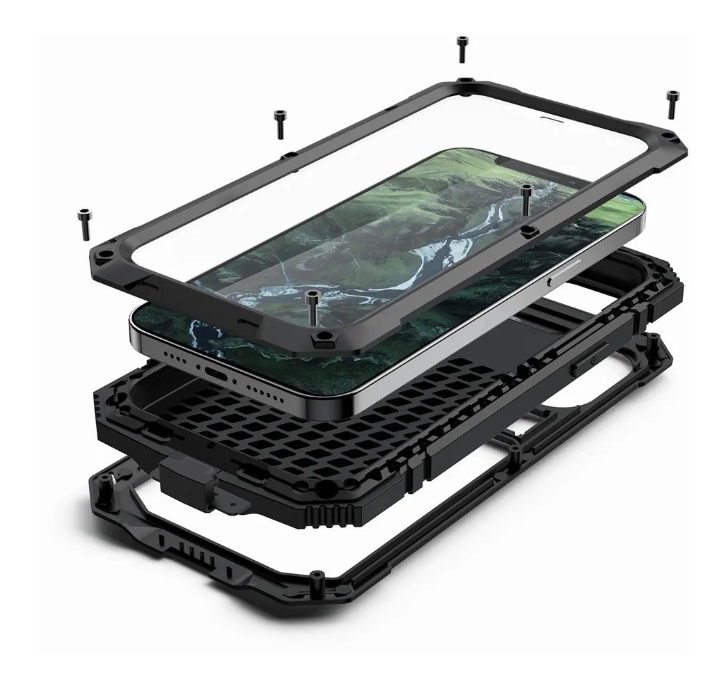 Funda Uso Rudo Para iPhone 12 Normal 12 Pro Alto Impacto Metalica Con Mica Gruesa Integrada