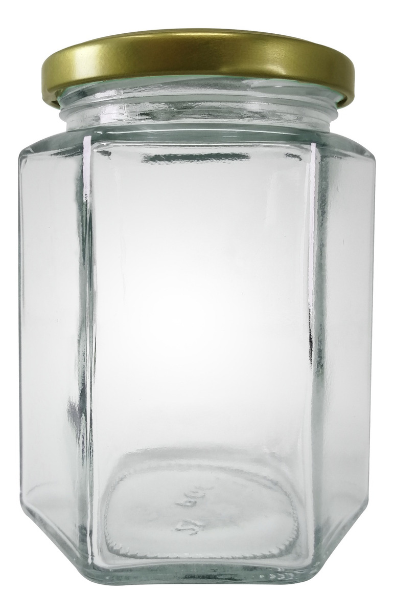 Frasco De Vidrio Hexagonal 250 Ml 8.5 Oz 12 Piezas Tapa Dorada.