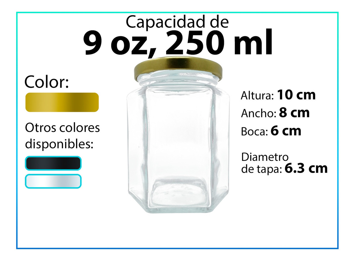 Frasco De Vidrio Hexagonal 250 Ml 8.5 Oz 12 Piezas Tapa Dorada.