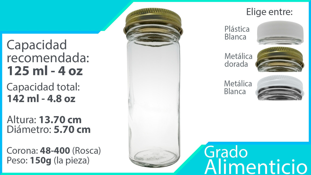 Frascos Vidrio Cilíndrico 125 Ml 12 Pz Tapa  Plastica Blanca