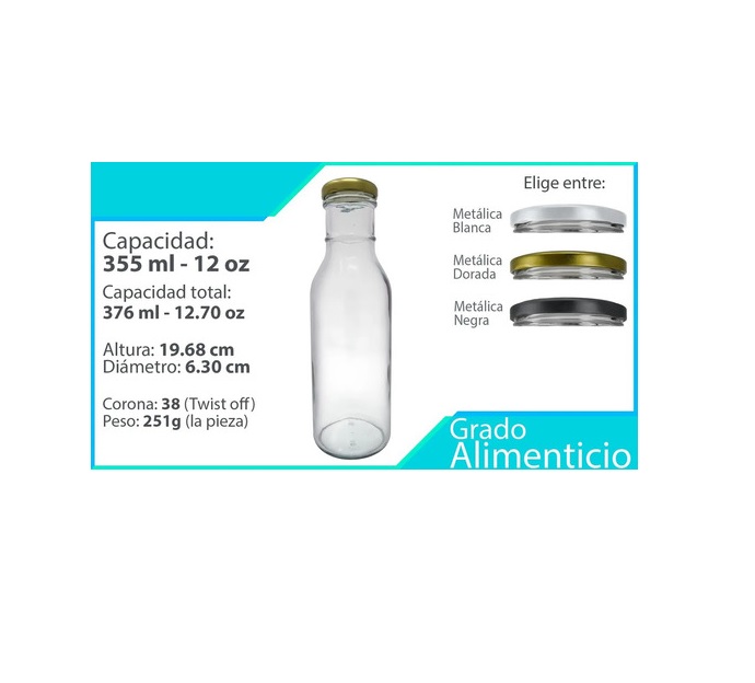 Botella De Vidrio Bbq 12 Oz 350 Ml ( 60 Piezas) Tapa Blanca.