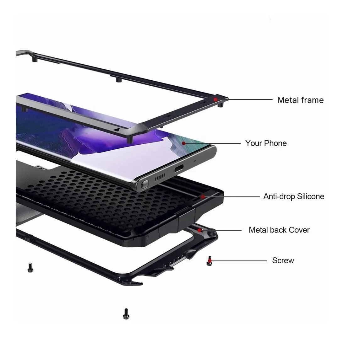 Funda Uso Rudo Samsung Note 20 Ultra Galaxy Alto Impacto Metalica Con Mica Delgada Flexible