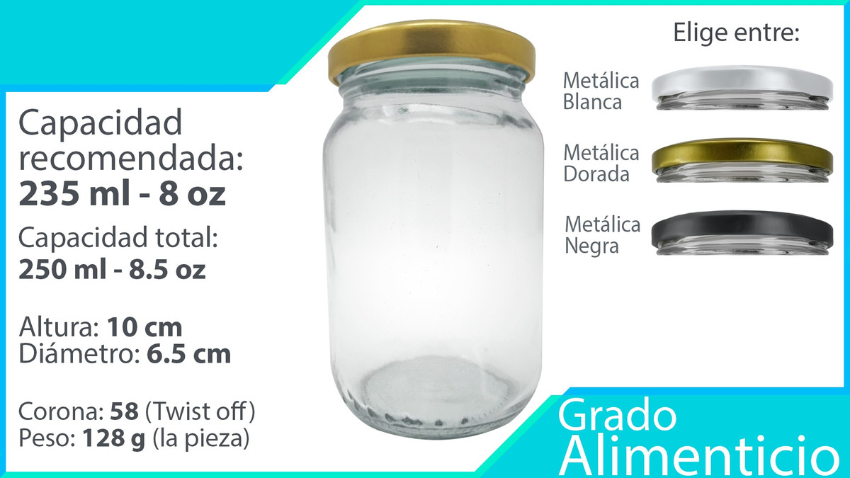 Frasco De Vidrio 235 Ml 8 Oz 48 Pz  Recuerdos Tapa Negra.