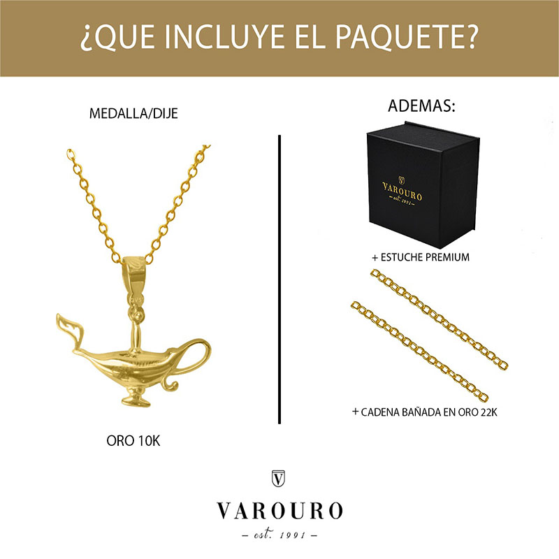 Dije Lampara Aladino  VAROURO Oro 10k | Medalla Amor + Cadena Regalo