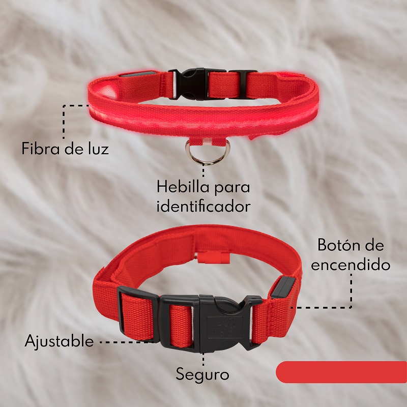 Collar Para Gato Perro Con Luz Led Ajustable Paseo Nocturno. Rojo. Talla XS