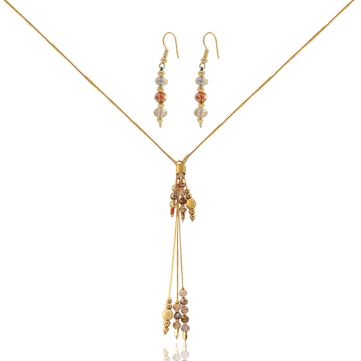 Juego, Kit, Set, de Collar y Aretes #82 Oro 18k Laminado, Collar de 42cm de Largo, Dije de Esferitas colgantes, de 6cm de largo, Aretes largos misma forma que el dije