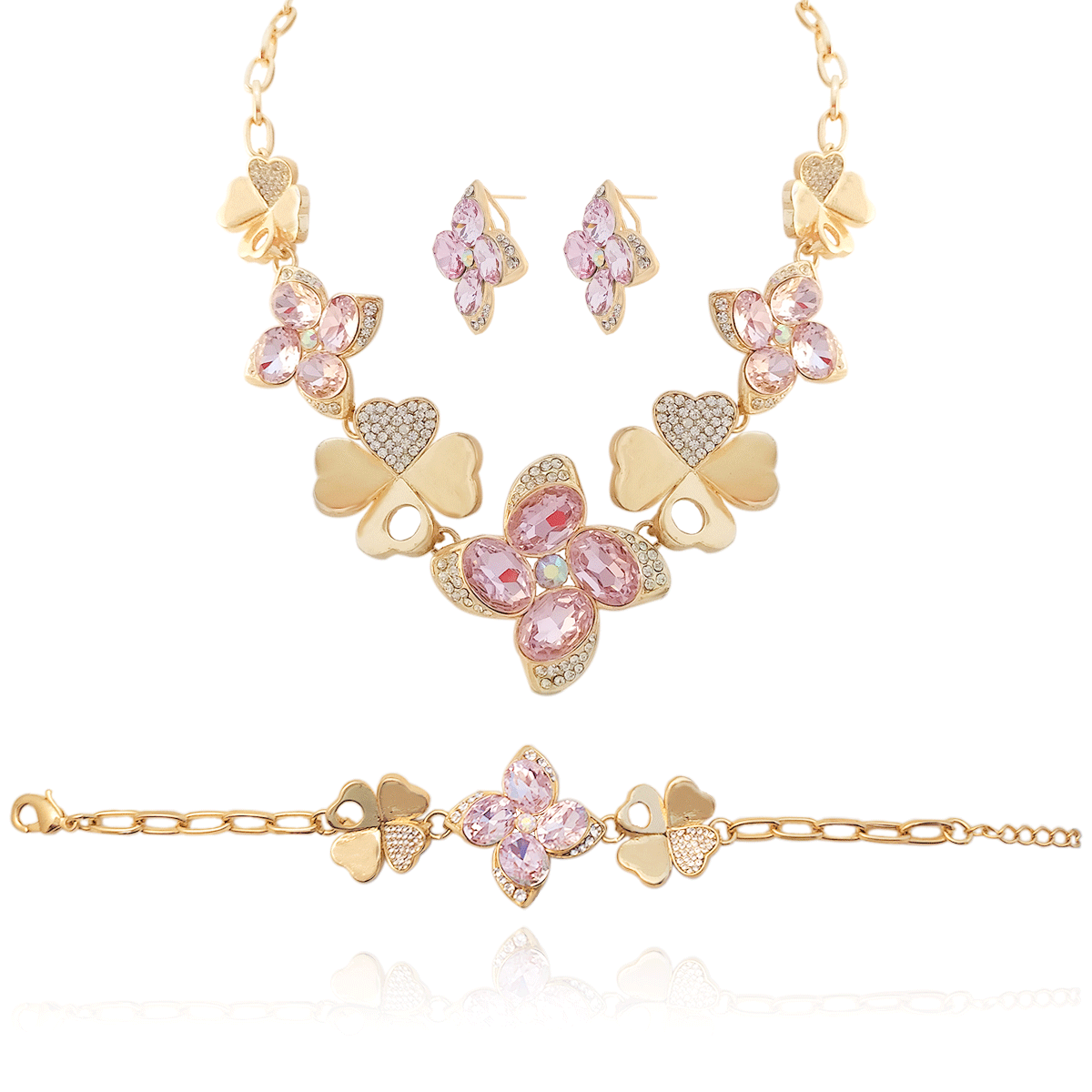 Juego, Kit, Set, de Collar, Pulsera y Aretes #80 Oro 18k Laminado Collar on 4 tréboles que tienen en un pétalo circonias incrustadas, y 2 flores con petalos de cristales rosas y bordes con pequeñas circonias incrustadas