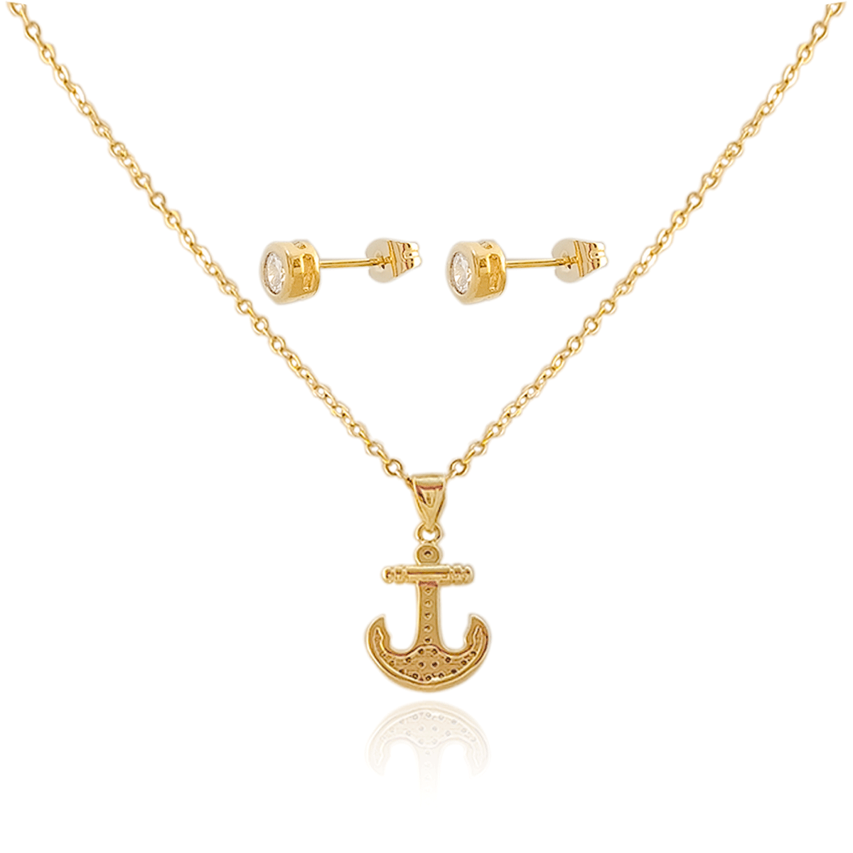 Juego Aretes Y Cadena Dije Forma de Ancla Aretes De Zirconias #61 Oro 18k Laminado, Collar de 48cm de Largo con dije en Forma de Ancla de 1x1cm, aretes tipo Broquel con circonia brillante #