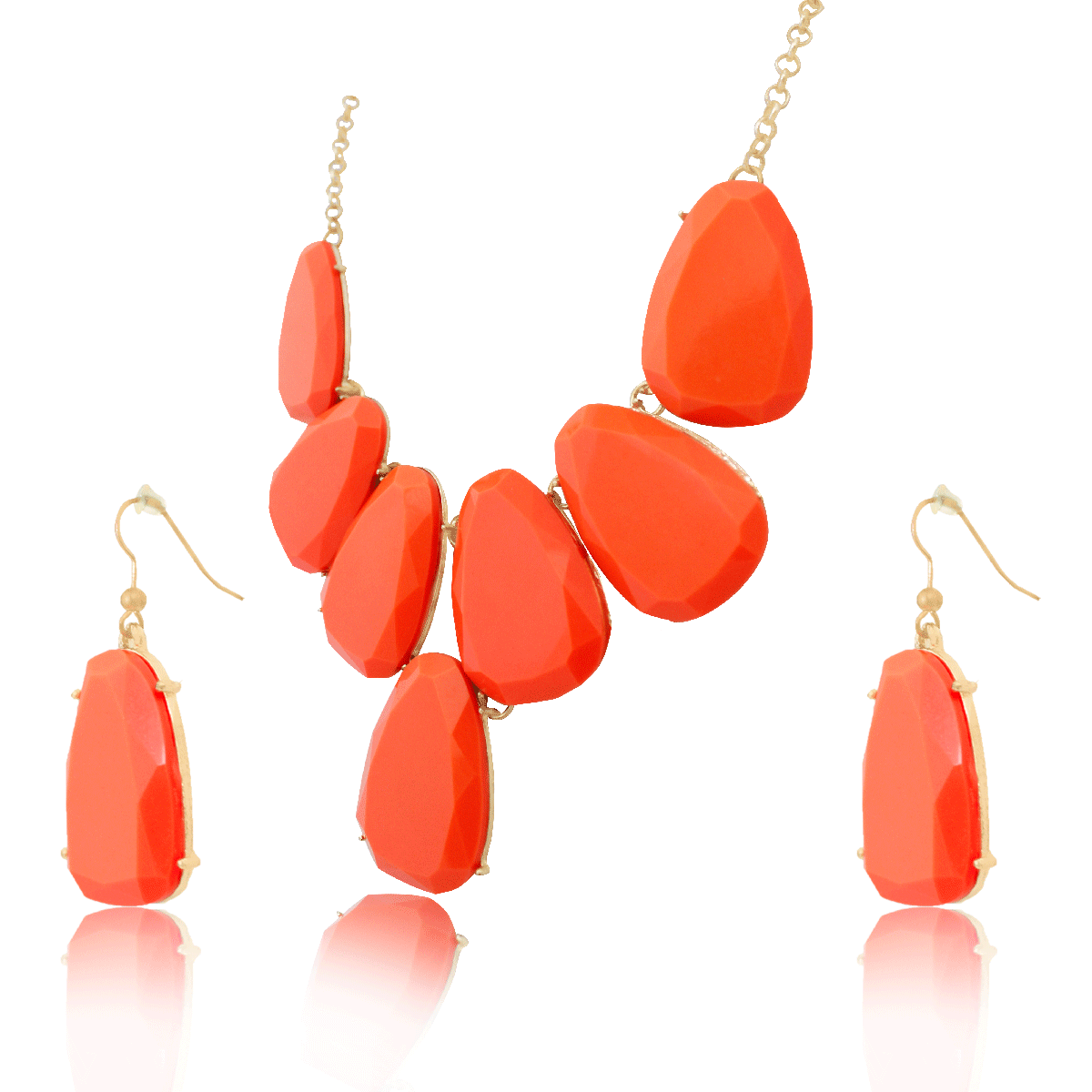 Juego, Kit, Set, De Collar Y Aretes #24 Oro 18k Laminado,  Collar largo de 42cm con 6 Piedras Tipo Gemas Anaranjadas de 4.5cm Dije de 4.5 x3cm, Aretes colgantes de Piedra Tipo Gema Anaranjada 