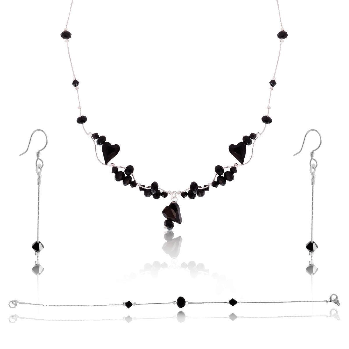 Juego, Set, Kit De Collar, Pulsera Y Aretes De Plata.925 #11 Collar con piedras brillantes en color negro de diferentes figuras, Largo 54cm, Aretes largos con piedra brillante en negro y plateada, Pulsera con 3 piedras brillantes .