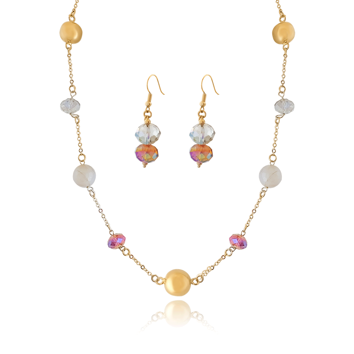 Juego, Set, Kit De Collar Y Aretes #09 Oro 18k Laminado, collar con 6 piedras brillantes en colores cobrizos y blancas largo 82cm, Aretes colgantes con circonias blanca y cobriza en forma de perla