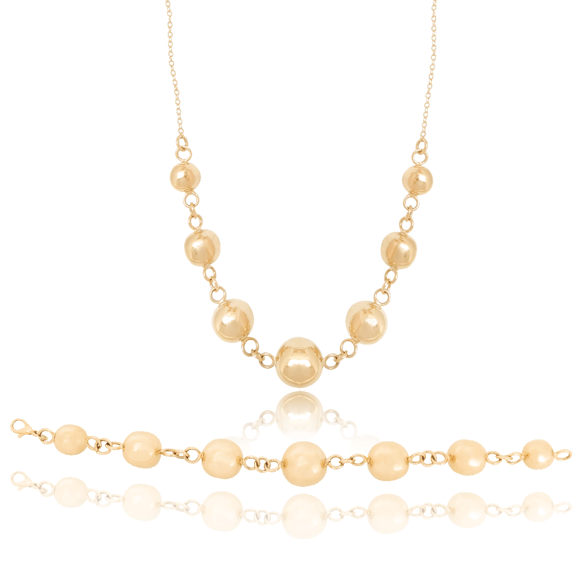 Juego, Kit, Set De Collar Y Aretes #07 Oro 18k Laminado, con 7 Perlas doradas de diferentes tamaños, largo del collar 50cm 