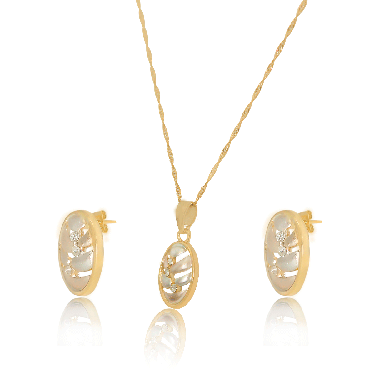 Juego, Set, Kit, De Collar Y Aretes #05 Oro 18k Laminado, collar largo 48cm, Dije en forma oval con hojas plateadas al centro y pequeñas zirconias brillantes de 2x1cm, Aretes de la misma forma que dije