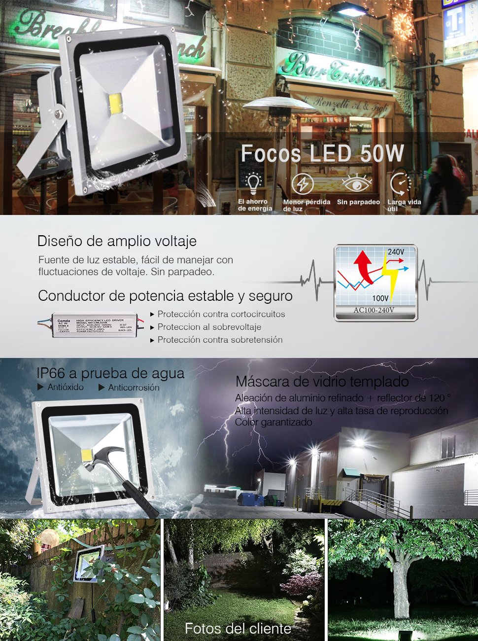 Reflector Led 50w Exterior Blanco Frio Luminaria Lampara